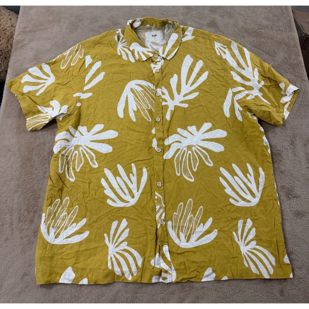Folk Clothing Linen Blend Shirt Men XL Mustard Yellow Abstract Leaf Print EUC
